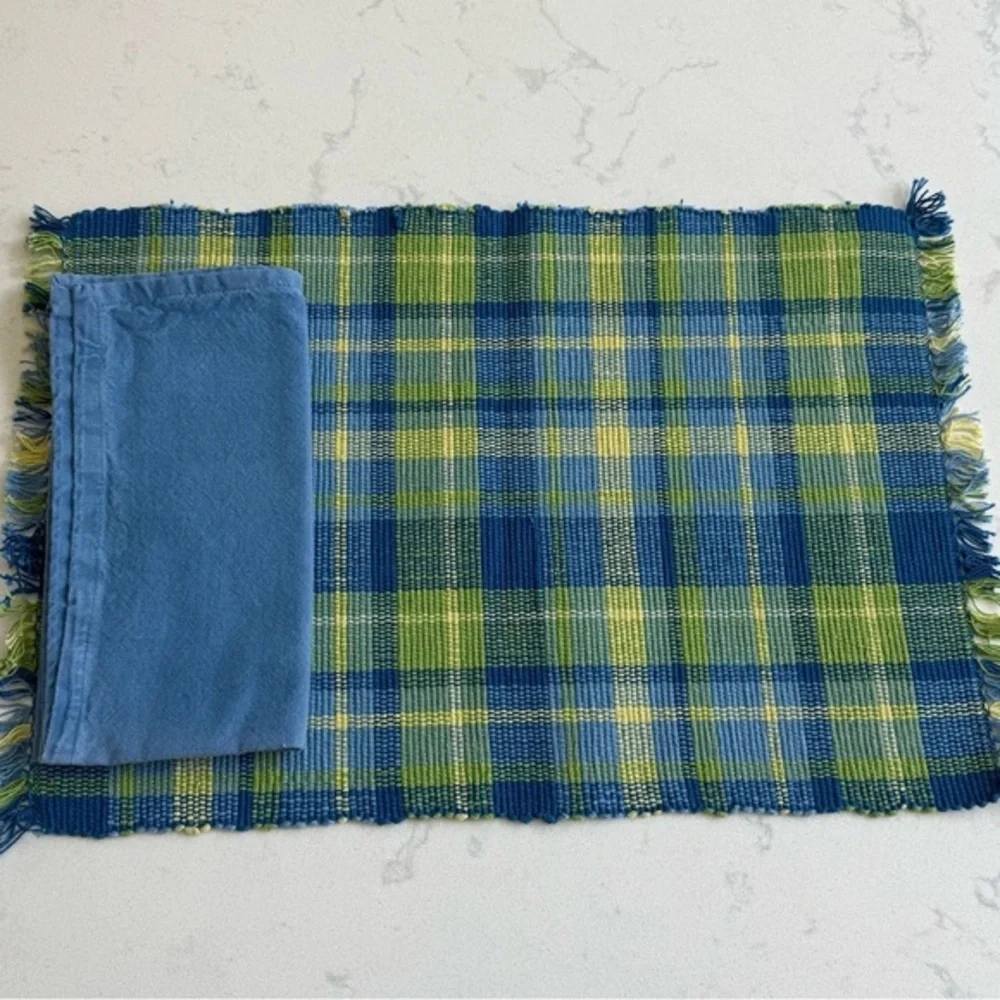 Hand loomed Blue and Green Plaid Placemats with Napkins 100% cotton set of 4